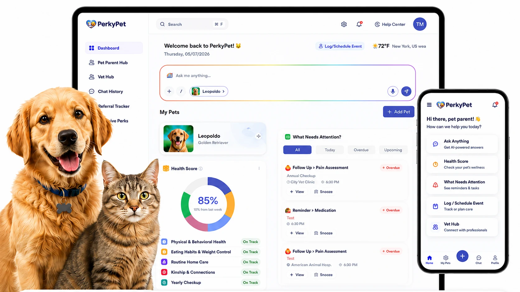 PerkyPet dashboard showing a pet health score, care reminders, and the mobile app, with a dog and a cat alongside
